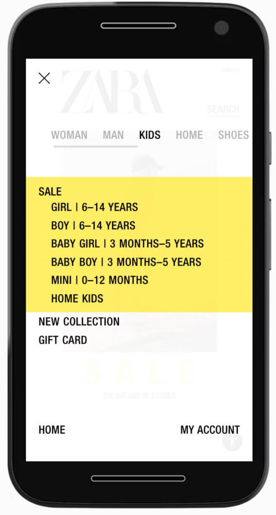 Zara mobile menu